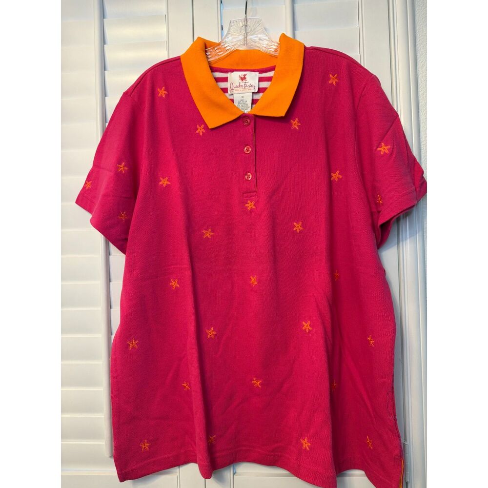 Quacker Factory Pink Orange Embroidered Starburst Polo Top Size XL